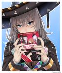  artist_name black_headwear black_jacket blue_background blue_eyes border commission cover darkpulsegg dvd_case fx-05_(girls&#039;_frontline) g11_(girls&#039;_frontline) girls&#039;_frontline grey_hair hat highres hk416_(girls&#039;_frontline) jacket long_sleeves pink_nails sombrero spanish_text ump9_(girls&#039;_frontline) wa2000_(girls&#039;_frontline) white_border 