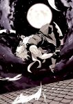  1boy armlet bare_shoulders belt blurry cloud demon_slayer_uniform depth_of_field dual_wielding earrings floating_hair full_body full_moon gorget hair_down highres holding holding_sword holding_weapon jewelry jumping kimetsu_no_yaiba knee_up leg_wrap looking_at_viewer male_focus midair monochrome moon night night_sky nyapon outdoors pants parted_lips pectorals purple_theme rooftop sideways_glance sky sleeveless solo star_(sky) starry_sky sword toned toned_male unbuttoned uzui_tengen visible_air weapon wind zouri 