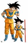  2boys black_hair blue_footwear blue_shirt boots character_request child dragon_ball full_body grin highres holding holding_staff jumpsuit kakeru_(dbskakeru) looking_at_another looking_at_viewer multiple_boys orange_jumpsuit shirt short_sleeves simple_background smile spiked_hair staff teeth toriyama_akira_(style) white_background 