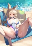  1girl animal_ears artist_name beach blonde_hair blush borrowed_character boyon_(oooboyon5) breasts cameltoe collarbone commentary commission dated day fox_ears fox_girl fox_tail hand_on_own_crotch highres large_breasts long_hair looking_at_viewer lying multicolored_clothes multicolored_swimsuit ocean on_back original outdoors red_eyes skeb_commission smile solo spread_legs swimsuit tail thank_you wet wet_clothes wet_swimsuit 