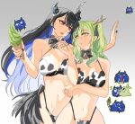  2girls alternate_costume animal_print antlers asymmetrical_horns bare_shoulders bikini black_hair blue_hair breasts ceres_fauna colored_inner_hair cow_print cow_print_bikini demon_horns fauna flower green_hair hair_flower hair_ornament height_difference hololive hololive_english horns jailbird_(nerissa_ravencroft) large_breasts long_hair mole mole_under_eye multicolored_hair multiple_girls nerissa_ravencroft print_bikini red_eyes set7 smile swimsuit two-tone_hair uneven_horns virtual_youtuber wide_hips yellow_eyes 