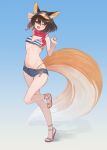  1girl ;d absurdres animal_ear_fluff animal_ears arm_behind_back arm_up bikini bikini_top_only bikini_under_clothes black_bikini blue_archive blue_background blue_shorts blue_skirt breasts brown_hair denim denim_shorts eyeshadow feet fox_ears fox_girl fox_shadow_puppet fox_tail full_body groin highres izuna_(blue_archive) izuna_(swimsuit)_(blue_archive) knee_up legs looking_at_viewer luca_(star_gladiator) makeup midriff nail_polish navel official_alternate_costume one_eye_closed open_mouth orange_nails red_eyeshadow red_scarf sandals scarf short_hair short_shorts shorts skirt sl10_d small_breasts smile solo standing standing_on_one_leg stomach striped striped_bikini swimsuit tail toes underboob visor_cap yellow_eyes 