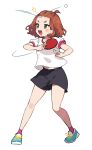  1girl absurdres ball bangs_pinned_back black_shorts blush brown_hair forehead full_body green_eyes highres holding kurihara_sakura open_mouth original paddle pink_socks shirt shoes short_sleeves shorts simple_background socks solo standing table_tennis_ball table_tennis_paddle teeth upper_teeth_only white_background white_shirt 