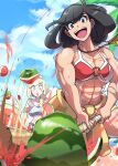  2girls :d :o abs absurdres aged_up beach bikini black_hair breasts cleavage clothes_around_waist day food fruit highres jacket jacket_around_waist jewelry juno_son lillie_(pokemon) medium_breasts multiple_girls muscular muscular_female o-ring o-ring_bikini o-ring_top outdoors pendant pokemon pokemon_(game) pokemon_sm red_bikini selene_(pokemon) smile suikawari swimsuit watermelon white_bikini 