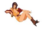  1girl absurdres alcohol black_hair boots breasts brown_footwear cigarette cleavage clothing_cutout collared_shirt covered_nipples cowboy_bebop crossed_legs cup drinking_glass faye_valentine front-tie_top guiguz hairband headband high_heel_boots high_heels highres large_breasts lipstick makeup off_shoulder shirt short_hair shorts simple_background smoking white_background yellow_hairband yellow_headband yellow_shorts 