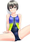  1girl absurdres black_hair black_one-piece_swimsuit breasts cameltoe collarbone commentary_request competition_swimsuit green_eyes grin highres logo looking_at_viewer multicolored_clothes multicolored_swimsuit one-piece_swimsuit original short_hair simple_background small_breasts smile solo spread_legs standing swimsuit takafumi tomboy variant_set white_background 