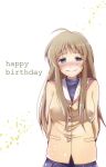  1girl ahoge arms_behind_back blue_eyes blush ca2la clannad closed_mouth commentary_request cowboy_shot eyelashes half-closed_eyes happy happy_birthday highres hikarizaka_private_high_school_uniform jacket light_brown_hair lips long_hair looking_at_viewer miyazawa_yukine nose_blush sailor_collar school_uniform sidelocks simple_background smile solo standing straight-on white_background white_sailor_collar yellow_jacket 
