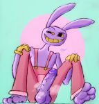  3_toes absurd_res anthro balls clothing feet gaygoat genitals gloves grin handwear hi_res jax_(the_amazing_digital_circus) lagomorph leporid male mammal musk_clouds on_ground overalls penis purple_penis rabbit simple_background slim smile solo the_amazing_digital_circus toes 