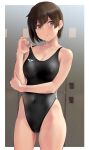  1girl alternate_costume bare_shoulders black_one-piece_swimsuit blush breasts brown_eyes brown_hair cleavage collarbone covered_navel highleg highleg_swimsuit highres hiryuu_(kancolle) kantai_collection large_breasts looking_at_viewer one-piece_swimsuit short_hair solo swimsuit thighs wa_(genryusui) 