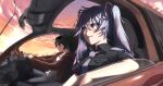  2girls armrest black_shirt blue_eyes blue_hair blue_necktie blue_pants blush breast_pocket car car_interior commentary_request dashboard dual_persona eyewear_on_head green_hair hair_ornament hatsune_miku highres jacket jiho_jyo_1 koi_wa_sensou_(vocaloid) lamppost long_hair motor_vehicle multiple_girls necktie official_alternate_costume open_clothes open_jacket pants pocket red_jacket shirt sitting smile steering steering_wheel suna_no_wakusei_(vocaloid) sunglasses sunroof sunset t-shirt teeth twintails vocaloid white_shirt 