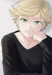  1boy adrien_agreste black_sweater blonde_hair earrings green_eyes grey_background hair_between_eyes highres hm89509321 jewelry long_sleeves male_focus miraculous_ladybug smile solo sweater teeth 