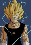  1boy absurdres artist_name biceps black_bodysuit blonde_hair blue_background bodysuit closed_mouth collarbone commentary_request dragon_ball dragon_ball_z electricity energy gloves green_eyes highres looking_at_viewer male_focus muscular muscular_male pectorals scratches seya_(asasei_718) signature simple_background sleeveless sleeveless_bodysuit smile smirk solo spiked_hair super_saiyan super_saiyan_1 torn_bodysuit torn_clothes upper_body v-shaped_eyebrows vegeta veins white_gloves widow&#039;s_peak 