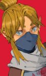  1boy blonde_hair blue_eyes cropped_shoulders hair_bun link looking_at_viewer male_focus mask mouth_mask pointy_ears red_background saltycatfish scarf simple_background stealth_set_(zelda) the_legend_of_zelda the_legend_of_zelda:_breath_of_the_wild 