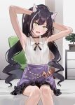  1girl absurdres animal_ear_fluff animal_ears armpits arms_behind_head arms_up bare_arms black_choker black_hair blush cat_ears cat_girl choker collared_shirt commentary_request drill_hair ears_visible_through_hair extra_ears feet_out_of_frame green_eyes highres indoors karyl_(princess_connect!) knees_together_feet_apart long_hair looking_at_viewer miniskirt multicolored_hair open_mouth plant potted_plant princess_connect! purple_skirt shirt sitting skirt sleeveless sleeveless_shirt solo streaked_hair subachi sweat twin_drills twintails v-shaped_eyebrows very_long_hair white_hair white_shirt 