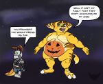  2019 anthro arms_out basicbiscuit belly belt big_belly bodypaint bottomwear clank_(ratchet_and_clank) clothing costume crossed_arms dialogue duo fake_ears fake_tail fangs fur halloween halloween_costume head_turned hi_res holidays jack-o&#039;-lantern jak_and_daxter lombax looking_away machine male mammal narrowed_eyes naughty_dog navel night nude nude_anthro nude_male obese obese_anthro obese_male open_mouth overweight overweight_anthro overweight_male ratchet ratchet_and_clank robot shorts signature sky sony_corporation sony_interactive_entertainment speech_bubble standing star starry_sky tail tail_tuft teeth text tongue tuft 