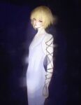  1other androgynous bare_shoulders blonde_hair chain collarbone cowboy_shot dress formal highres hunter_x_hunter jewelry kurapika looking_at_viewer multiple_rings red_eyes regene_ta ring short_hair sleeveless solo white_dress 