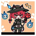  1girl :3 :d animal_ears black_bow black_gloves black_headwear black_skirt bow braid cat_ears commentary english_commentary fang full_body gloves green_bow hair_bow halloween_costume highres holding holding_lantern kaenbyou_rin lantern open_mouth outline paw_print red_eyes side_braids skirt skull smile solo standing touhou twin_braids white_outline yoriyori 