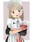  1girl absurdres apron black_dress blonde_hair blood blood_on_clothes blood_on_face blood_on_hands blunt_bangs blush border brown_background brown_eyes collar collared_dress dot_nose dress frilled_apron frills head_tilt highres long_hair long_sleeves looking_at_viewer maid maid_apron maid_headdress nagomurasan neck_ribbon open_mouth original ribbon rolling_sleeves_up simple_background solo teeth tongue upper_body upper_teeth_only white_border white_collar 