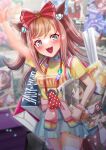  1girl agnes_digital_(umamusume) alternate_costume animal_ears arm_up blurry blurry_background blush bow breasts casual collar eishin_flash_(umamusume) hair_bow hair_ornament highres horse_ears horse_girl open_mouth otono_(bkt4b) paper pink_hair poster_(object) small_breasts smart_falcon_(umamusume) solo thighhighs umamusume waving 