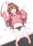  1girl :d ahoge barefoot bed black_panties brown_eyes brown_hair fang hair_intakes hood hooded_sweater huge_ahoge kantai_collection kuma_(kancolle) long_hair looking_at_viewer lying nassukun navel no_pants official_alternate_costume open_mouth panties pink_sweater smile solo sweater underwear 