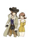  1boy 1girl bare_shoulders belt belt_buckle black_gloves blue_eyes blue_shirt blush breasts brown_belt brown_headwear buckle chaps coat cowboy_hat cowboy_shot cropped_legs curly_hair final_fantasy final_fantasy_viii fingerless_gloves fur-trimmed_coat fur_trim gloves green_eyes grey_coat hat irvine_kinneas jacket_tug jewelry long_coat long_hair long_sleeves looking_at_another low_ponytail medium_breasts necklace nodoka0707 open_mouth parted_bangs selphie_tilmitt shirt short_hair smile v-neck wavy_hair white_background yellow_overalls 