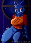  anthro big_breasts blue_body blue_fur bottomless breasts clothed clothing domestic_cat felid feline felis female fur genitals hi_res inside kneeling lapinstein looking_at_viewer mae_borowski mammal night night_in_the_woods nipple_outline notched_ear nude pussy red_eyes shirt shirt_only solo topwear topwear_only whiskers window 