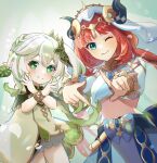  2girls 3sat0 ;) aqua_eyes bloomers blue_gemstone blue_skirt braid breasts circlet closed_mouth commentary_request crop_top cross-shaped_pupils detached_sleeves dress fake_horns finger_frame gem genshin_impact gold_choker gold_trim gradient_hair green_eyes green_hair green_sleeves hair_ornament harem_outfit horns leaf_hair_ornament long_hair looking_at_viewer medium_breasts multicolored_hair multiple_girls nahida_(genshin_impact) nilou_(genshin_impact) one_eye_closed pointy_ears pose_imitation red_hair side_braid side_ponytail sidelocks simple_background skirt sleeveless sleeveless_dress smile symbol-shaped_pupils twintails veil white_bloomers white_dress white_hair white_headwear white_sleeves 