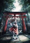  1girl absurdres day full_body hakurei_reimu highres outdoors solo standing tonan_(l0l0l0l0l0l) torii touhou tree 