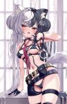  1girl absurdres ahoge animal_ear_fluff animal_ears arm_up armpits ass_visible_through_thighs belt bikini black_bikini black_gloves black_hair blush breasts cameltoe chain choker covered_nipples cuffs double_bun gloves groin hair_bun hand_to_own_mouth handcuffs highres long_hair looking_at_viewer micro_bikini multicolored_hair naughty_face navel navel_piercing necktie nyahu_(nyahu_77) open_mouth original piercing police police_uniform policewoman prison_cell red_eyes red_necktie smile solo swimsuit tail thigh_gap thigh_strap thighs twintails two-tone_hair uniform very_long_hair white_hair wolf_ears wolf_girl wolf_tail 