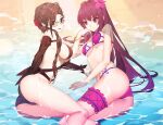  2girls ass bad_anatomy bare_shoulders bikini blush braid breasts brown-tinted_eyewear brown_eyes brown_hair fate/grand_order fate_(series) flower glasses hair_flower hair_ornament large_breasts long_hair looking_at_viewer looking_over_eyewear lying multiple_girls nail_polish nami_qi pink_nails purple_hair red_eyes scathach_(fate) shiny_skin sideboob single_braid smile sunglasses swimsuit tinted_eyewear very_long_hair water yu_mei-ren_(fate) 