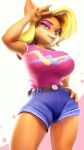  3d_(artwork) activision anthro bandicoot big_breasts blonde_hair bottomwear breasts clothed clothing crash_bandicoot_(series) cutoffs denim denim_bottomwear denim_clothing digital_media_(artwork) female fully_clothed hair hand_on_hip hi_res looking_at_viewer makeup mammal marsupial mascara sala3dart shirt shorts solo tank_top tawna_bandicoot thick_thighs top_heavy topwear wide_hips 