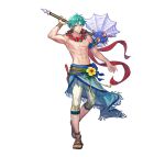  1boy axe blue_eyes blue_hair blue_sarong ephraim_(fire_emblem) ephraim_(summer)_(fire_emblem) fire_emblem fire_emblem:_the_sacred_stones fire_emblem_heroes flower_wreath holding holding_axe looking_at_viewer male_focus official_alternate_costume official_art p-nekor sandals sarong shorts smile topless_male white_shorts 