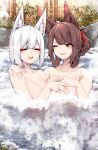  2girls :d ;d =_= absurdres akagi_(azur_lane) animal_ears azur_lane breasts brown_eyes commentary_request convenient_arm fox_ears highres kaga_(azur_lane) large_breasts looking_at_another multiple_girls nude one_eye_closed onsen open_mouth partially_submerged red_eyes rock samip short_hair smile water white_hair 
