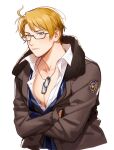  1boy ahoge america_(hetalia) axis_powers_hetalia blonde_hair blue_eyes blue_suit blush bomber_jacket crossed_arms dog_tags formal frown glasses jacket looking_at_viewer male_focus messy partially_unbuttoned pectoral_cleavage pectorals popped_collar short_hair suit to@st white_background 