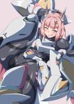  1girl armor armored_bodysuit armored_boots armored_gloves black_bodysuit bodysuit boots breastplate breasts cameltoe delta_gear goddess_of_victory:_nikke hair_intakes hand_on_own_chin headgear hip_armor leg_armor light_blush noah_(nikke) pauldrons pink_eyes pink_hair shield short_hair shoulder_armor small_breasts smug solo sparkle_hair_ornament 