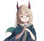  1girl dragon_girl dragon_horns dragon_tail highres horns interlocked_fingers koebushi_(mat) light_brown_hair long_hair looking_at_viewer open_mouth original pointy_ears round_eyewear semi-rimless_eyewear solo tail upper_body white_background yellow_eyes 