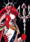  1girl black_background breasts colored_skin fins fish_girl hair_ornament hand_up highres holding holding_polearm holding_weapon jewelry long_hair mipha monster_girl multicolored_skin no_eyebrows pointy_ears polearm red_hair red_skin senzo6700 simple_background smile solo spear the_legend_of_zelda the_legend_of_zelda:_breath_of_the_wild weapon zora 