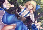  1girl alice_margatroid alice_margatroid_(pc-98) blonde_hair blue_bow blue_dress book bow closed_mouth doll dress foreshortening forest green_eyes hair_bow long_sleeves looking_at_viewer nature outdoors outstretched_arm pinafore_dress shirt short_hair shounen_(hogehoge) solo touhou touhou_(pc-98) tree white_shirt 