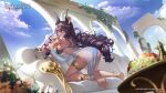  1girl animal_ears anubis_(echocalypse) armlet artist_request ass barefoot bikini blue_bikini blurry blurry_foreground breasts brick cloud copyright couch dark-skinned_female dark_skin drill_hair echocalypse flower food gem hair_between_eyes highres large_breasts logo long_hair official_art on_couch purple_hair red_gemstone ruins second-party_source see-through sky solo swimsuit table thighlet 