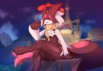  anthro clothed clothing eyes_closed female fishnet fishnet_legwear generation_9_pokemon grey_body hi_res ingi legwear meowscarada nintendo pokemon pokemon_(species) sitting smile solo tongue tongue_out 