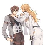  2boys arm_belt belt black-framed_eyewear blonde_hair brown_belt brown_hair brown_scarf chinese_commentary closed_mouth glasses grey_jacket hair_between_eyes hand_up hands_on_another&#039;s_neck highres honkai:_star_rail honkai_(series) jacket long_hair long_jacket long_sleeves looking_at_another male_focus multicolored_hair multiple_boys orange_eyes pants parted_lips scarf shirt short_hair simple_background smile standing streaked_hair sweat vest void_archives_(honkai_impact) welt_yang white_background white_hair white_pants white_shirt white_vest yaoi zhangzuisang 