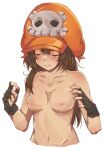  1girl black_gloves breasts brown_hair closed_eyes closed_mouth fingerless_gloves gloves guilty_gear hat_ornament highres long_hair may_(guilty_gear) mil17459623 navel nipples orange_headwear skull_and_crossbones skull_hat_ornament small_breasts solo white_background 