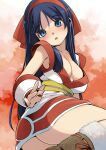  1girl ainu_clothes ass blue_eyes blue_hair blush boots bow breasts brown_footwear cleavage collarbone dark_blue_hair eyelashes fingernails fur-trimmed_footwear fur_trim hair_bow hairband head_tilt highres long_hair looking_at_viewer muramasa_mikado nakoruru parted_bangs parted_lips red_bow red_hairband red_ribbon ribbon samurai_spirits sash sitting small_breasts solo straight_hair yellow_sash 