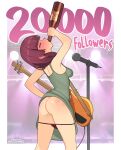  1girl ^_^ armpits ass back blunt_bangs blush bocchi_the_rock! body_writing bottle breasts closed_eyes dress drinking electric_guitar green_dress guitar highres hiroi_kikuri instrument long_hair microphone microphone_stand panties panty_pull purple_hair purple_panties rezodwel sleeveless sleeveless_dress solo tally underwear 