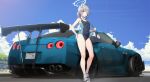  1girl absurdres animal_ear_fluff animal_ears bag bare_arms bare_legs bare_shoulders black_one-piece_swimsuit blue_archive blue_car blue_eyes blue_halo blue_one-piece_swimsuit blue_sky breasts car cloud commentary competition_swimsuit covered_navel cross cross_hair_ornament day duffel_bag earrings extra_ears grey_hair hair_ornament halo highres inverted_cross jewelry lens_flare license_plate looking_at_viewer low_ponytail masabodo mismatched_pupils motor_vehicle nissan nissan_skyline nissan_skyline_gt-r official_alternate_costume one-piece_swimsuit outdoors parted_lips ponytail sandals shiroko_(blue_archive) shiroko_(swimsuit)_(blue_archive) sky small_breasts solo spoiler_(automobile) standing stud_earrings swimsuit symbol-only_commentary two-tone_swimsuit vehicle_focus vehicle_request wolf_ears 
