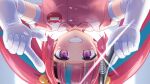 1girl blue_hair buttons commentary dental-chan dental_drill elbow_gloves gloves hair_bobbles hair_ornament looking_at_viewer multicolored_hair naka_(cheeseyeast) original pink_hair pink_shirt pov purple_eyes rubber_gloves shirt smile streaked_hair twintails upside-down 