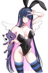  1girl angel_wings animal_ears aqua_eyes arm_up black_choker black_hairband black_leotard black_nails blue_hair breasts choker closed_mouth colored_inner_hair covered_navel double_v fake_animal_ears groin hairband highleg highleg_leotard highres holding holding_stuffed_toy large_breasts leotard long_hair miaru multicolored_hair panty_&amp;_stocking_with_garterbelt pink_hair playboy_bunny rabbit_ears solo stocking_(psg) striped striped_thighhighs stuffed_animal stuffed_cat stuffed_toy thighhighs thighs v very_long_hair white_background wings 