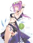  1girl absurdres arknights arm_up armpits ass bikini black_bikini black_shorts braid breasts cmdr_saturn commentary_request cowboy_shot eyewear_on_head from_behind hair_bun highres lin_(arknights) long_hair looking_at_viewer looking_back medium_breasts panties parted_lips purple_hair red_eyes round_eyewear shorts simple_background solo standing swimsuit thigh_strap twitter_username underwear white_background white_panties 
