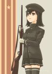  1girl absurdres akitsu_maru_(kancolle) akitsu_maru_kai_(kancolle) black_eyes black_hair black_jacket black_thighhighs cowboy_shot gloves gun hat highres holding holding_gun holding_weapon jacket kantai_collection military_hat military_uniform pale_skin peaked_cap pleated_skirt pot-de rifle short_hair skirt solo standing striped striped_background thighhighs uniform weapon white_gloves 