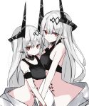  2girls absurdres age_comparison aged_down arknights bare_shoulders black_horns black_sports_bra black_tank_top closed_mouth commentary commission crop_top dot_mouth dual_persona expressionless eyes_visible_through_hair grey_hair hair_between_eyes hair_ornament highres horns infection_monitor_(arknights) long_hair looking_at_viewer mudrock_(arknights) multiple_girls navel oripathy_lesion_(arknights) pointy_ears red_eyes sidelocks simple_background skeb_commission sports_bra stomach tank_top time_paradox touko_(toko12_tooko) upper_body white_background 